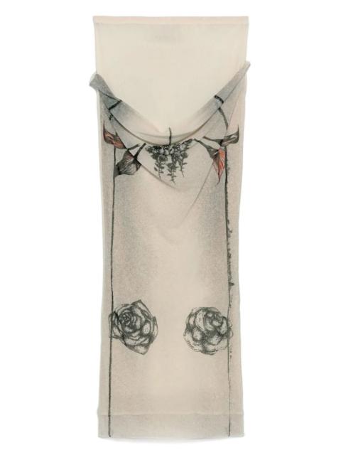 Jean Paul Gaultier Women Mesh Skirt Double Layer Printed "Tattoo Rose & Bird"