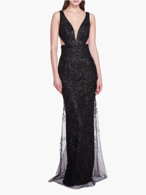 Marchesa SLEEVELESS V-NECK GLITTER GOWN