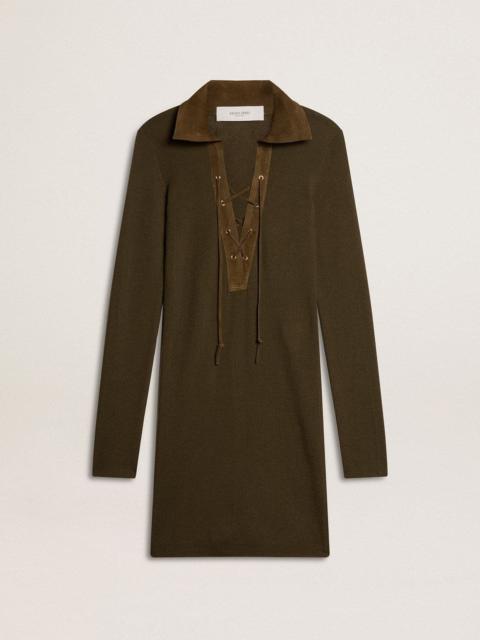 Golden Goose Military green wool mini dress with leather details