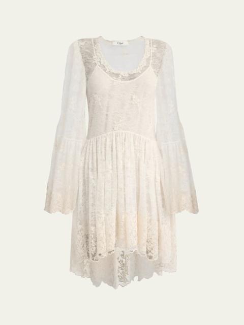 Chloé Lace U-Neck Long-Sleeve Mini Dress