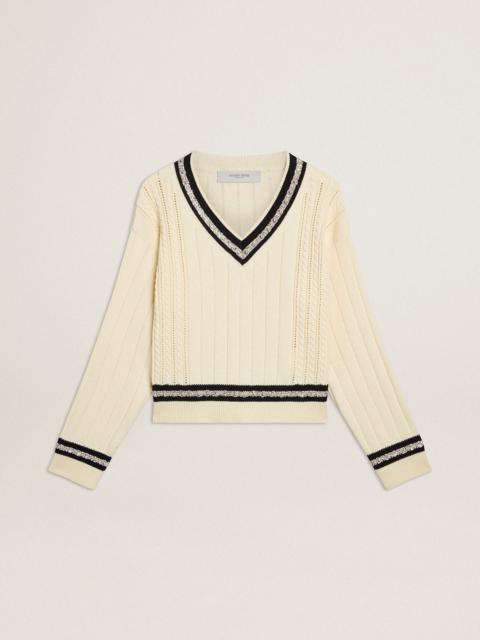 Golden Goose Women's cable-pattern cropped sweater with blue ribbing and crystals