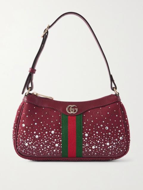 GUCCI Ophidia crystal-embellished leather-trimmed canvas-jacquard shoulder bag Burgundy