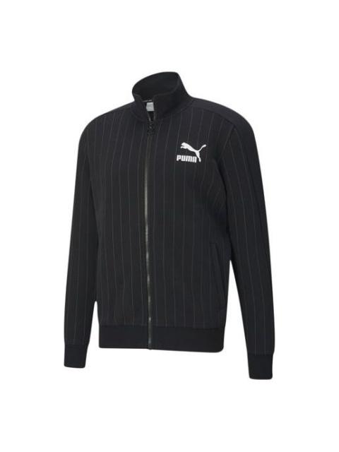 PUMA Pinstripe Track Top Stripe Fleece Lined Stand Collar Zipper Jacket Black 530177-01