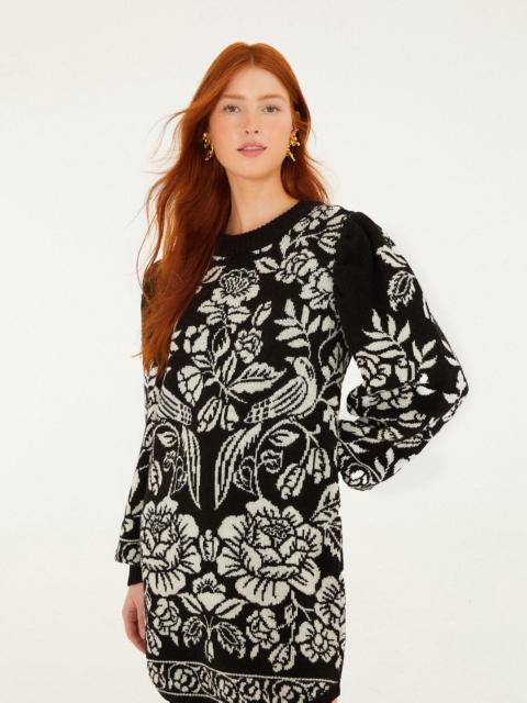 FARM RIO Black And White Cashew And Birds Knit Mini Dress