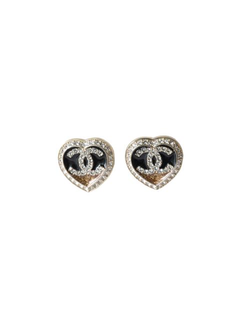 CHANEL Chanel 23B CC Crystal Strass Resin Heart Stud Earrings Black Gold