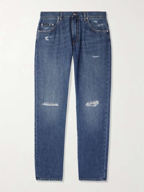 Straight-Leg Distressed Logo-Appliquéd Jeans