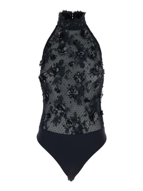 RETROFÊTE Retrofête Black Bodysuit With Halterneck And All-Over Floral Embroidery In Tech Fabric Woman
