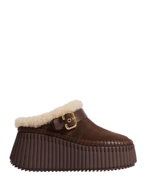 Chloé Nama Wedge Mule with Fur in Sharp Brown