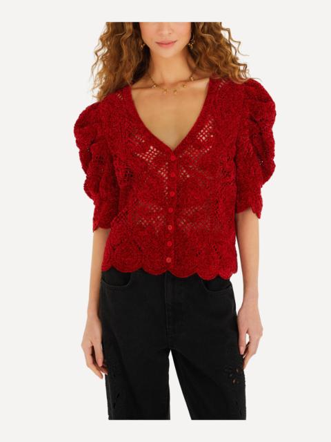 FARM RIO Red Rococo Hearts Puff-Sleeve Crochet Cardigan