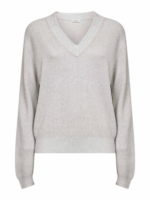 Brunello Cucinelli Grey Sparkling cotton blend knit V-neck sweater