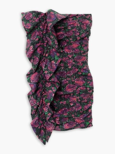 ROTATE Layla strapless ruffled sequined floral-print mesh mini dress