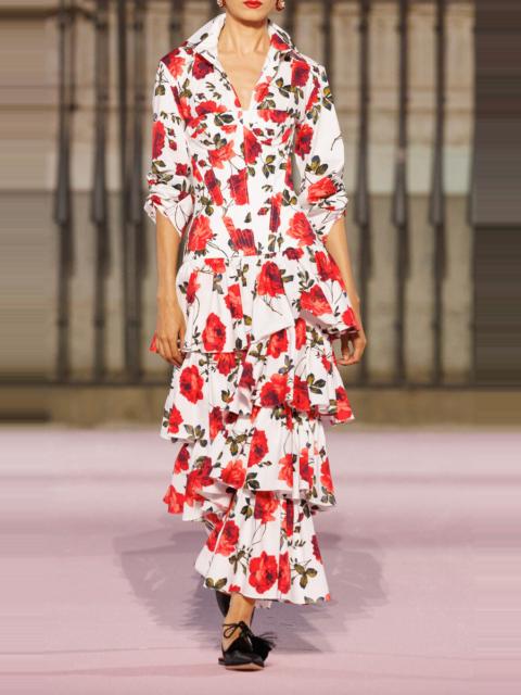 CAROLINA HERRERA Buttoned Stemmed-Rose-Printed Stretch-Cotton Shirt white