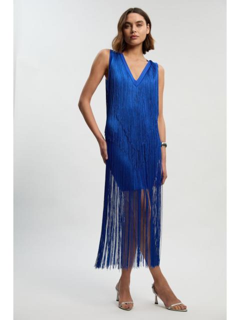 KAREN MILLEN Fringe Bandage V Neck Knit Midi Dress