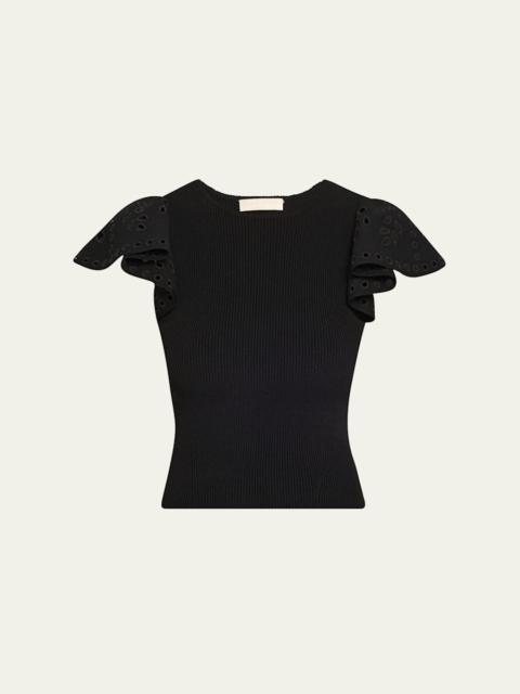 ULLA JOHNSON Edith Knit Ruffle-Sleeve Top