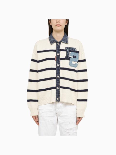 Dsquared2 White/Blue Striped Cardigan In Cotton And Denim Blend