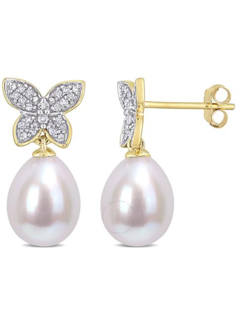 Other Designers Amour - AMOUR 8.5-9mm Freshwater Cultured Pearl and 1/8 CT TDW Diamond Butterfly Drop Earrings In 10K Yellow