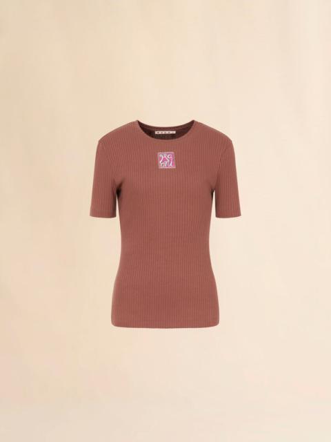 Marni BROWN RIBBED COTTON T-SHIRT WITH MARNI FRAME LOGO