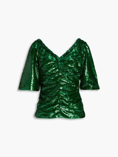 GANNI Ruched sequined georgette top