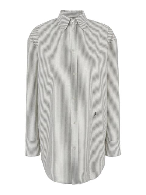 Saint Laurent Women Grey Shirt With Cassandre Embroidery And All-Over Striped Motif In Cotton Woman