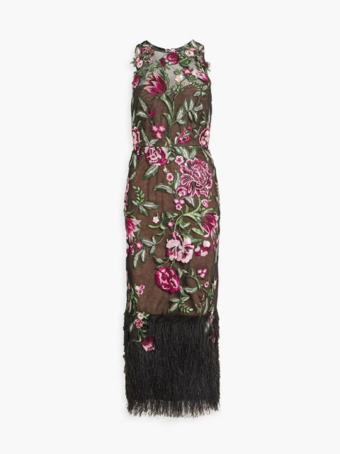 Other Designers Fringed embroidered tulle midi dress