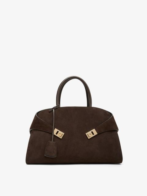 FERRAGAMO Hug M brown suede top handle bag