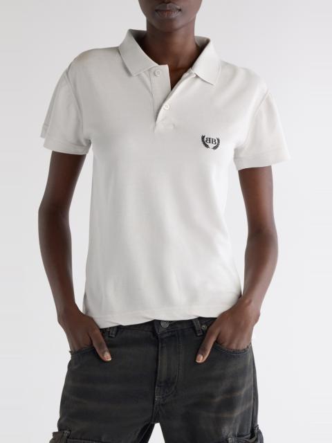 BALENCIAGA Balenciaga Laurel Embroidered Fitted Cotton Piqué Polo in 9012 Dirty White at Nordstrom