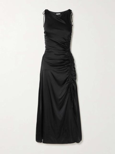 Tie-detailed ruched satin midi dress Black