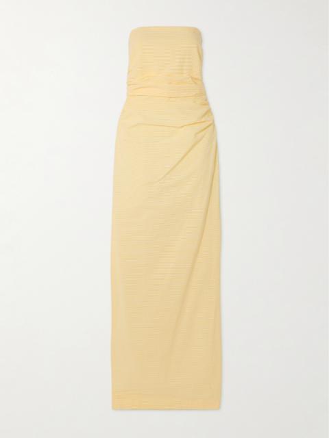 BERNADETTE Vera Strapless Ruched Striped Cotton-seersucker Maxi Dress
