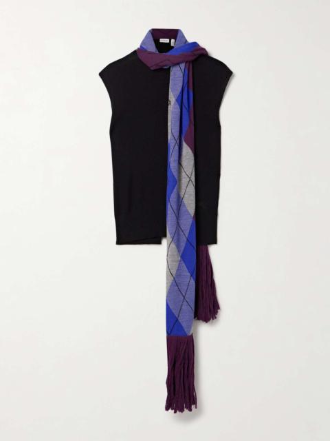 Fringed argyle scarf-detailed wool top