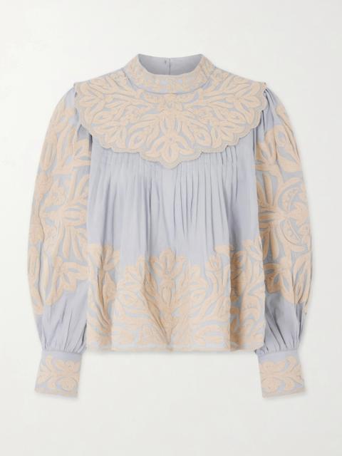 Sea Alexandra Pleated Embroidered Cotton-voile Blouse