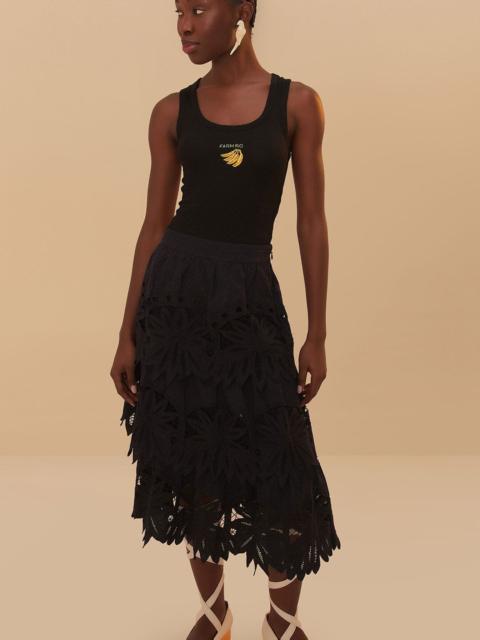 FARM RIO Black Daisy Embroidered Midi Skirt