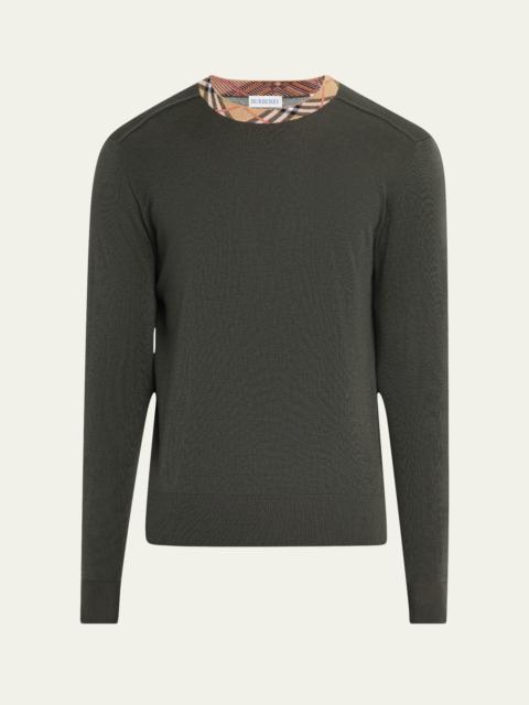 Burberry Men's Wool Knit Check-Trim Crewneck Sweater