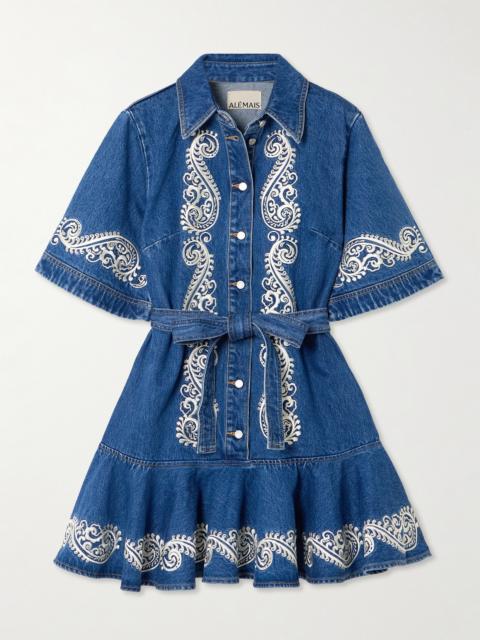 ALÉMAIS Jacones Belted Embroidered Denim Mini Dress