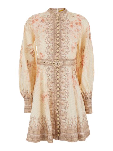 Zimmermann Zimmermann Women 'Illuminate' Beige Mini Dress With Belted Waist And All-Over Floral Print In Linen 