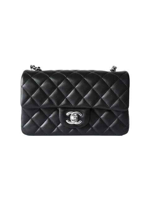 CHANEL Chanel Lambskin Quilted Mini Rectangular Flap Bag Silver Hardware Black