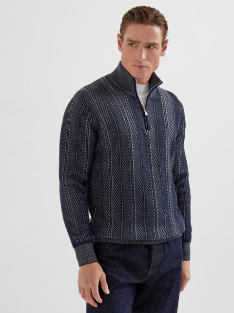 Brunello Cucinelli Cashmere vanisé chevron sweater with half zip