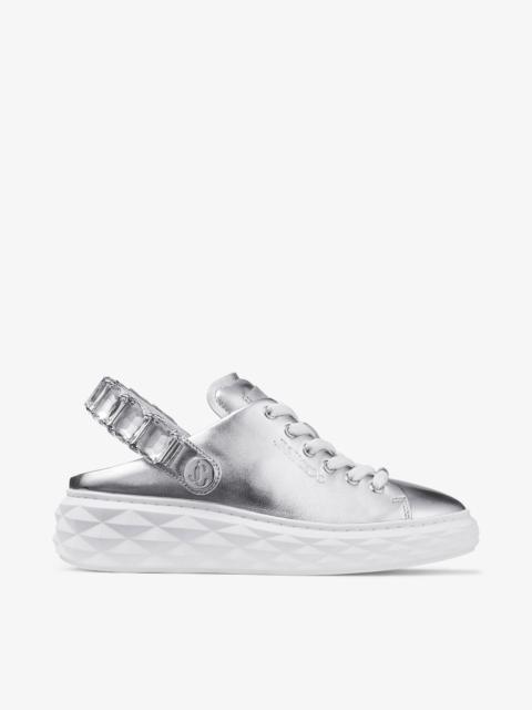 JIMMY CHOO Diamond Sling
Silver Metallic Leather Slipper Trainers with Crystal Strap