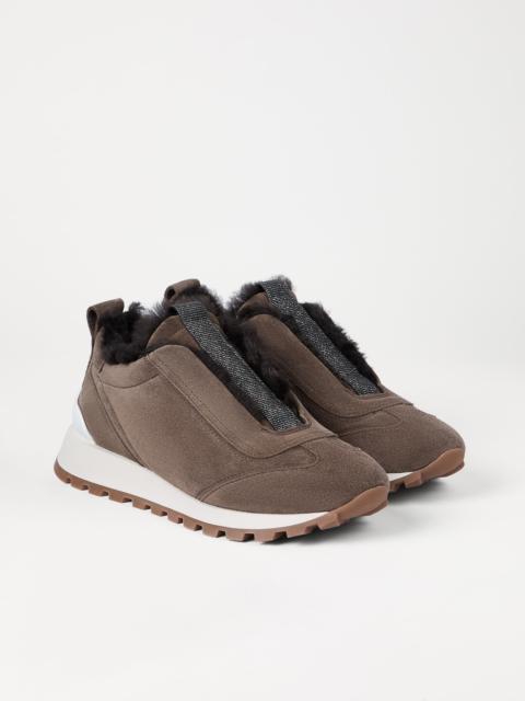 Brunello Cucinelli Suede runners with shearling lining and precious detail