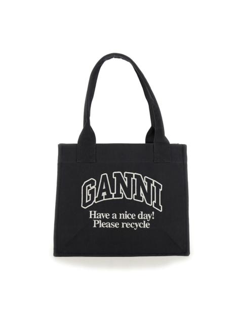 GANNI Ganni Black Shopper With Embroidered Logo On The Front In Denim