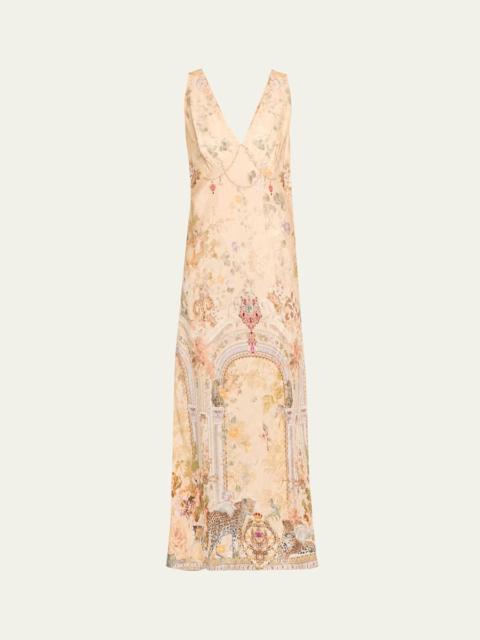 CAMILLA V-Neck Jacquard Slip Midi Dress