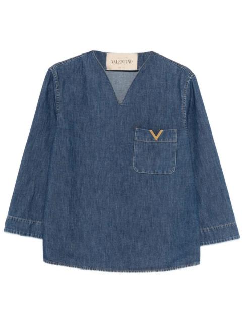 Valentino Valentino Garavani Women V-Neck Denim Shirt With Logo