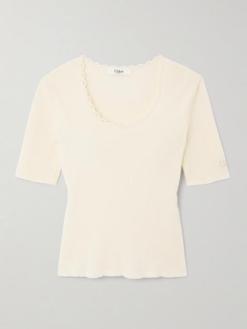 Chloé Picot-trimmed Ribbed Cotton-blend Bouclé T-shirt
