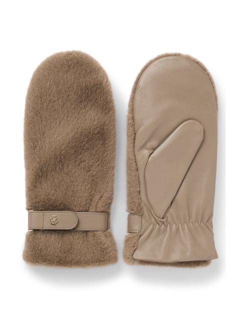 BOSS LEATHER MITTENS WITH FAUX-FUR TRIM