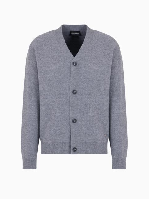 EMPORIO ARMANI V-neck cardigan made of virgin wool with a jersey-fleece effect