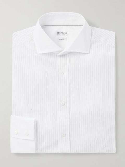 Brunello Cucinelli Cutaway-Collar Pinstriped Cotton Shirt White