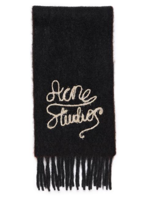 Acne Studios Acne Studios Winter Vally Logo Embroidered Alpaca Blend Fringe Scarf in Black at Nordstrom