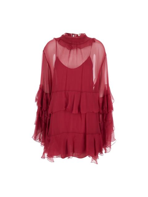 Chloé Fuchsia Crewneck Mini Dress With Ruches And Rear Button Closure In Silk Woman