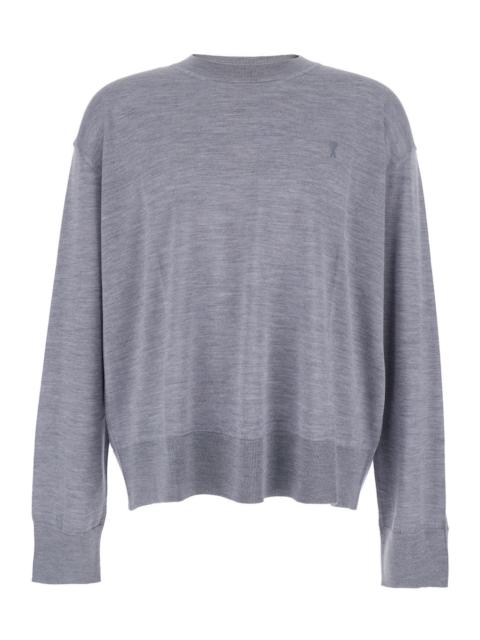 AMI Paris Ami Paris Men Grey Crew Neck Sweater With Embroidered Logo On The Front In Wool Man