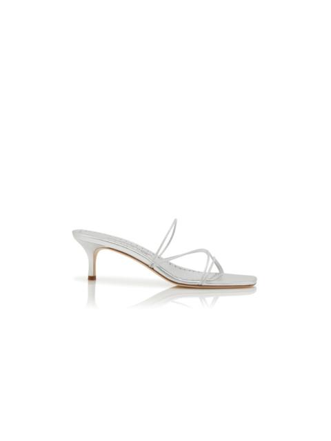 Manolo Blahnik Silver Nappa Leather Open Toe Mules