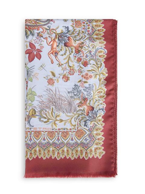Etro Red silk twill flora and fauna-pattern scarf
